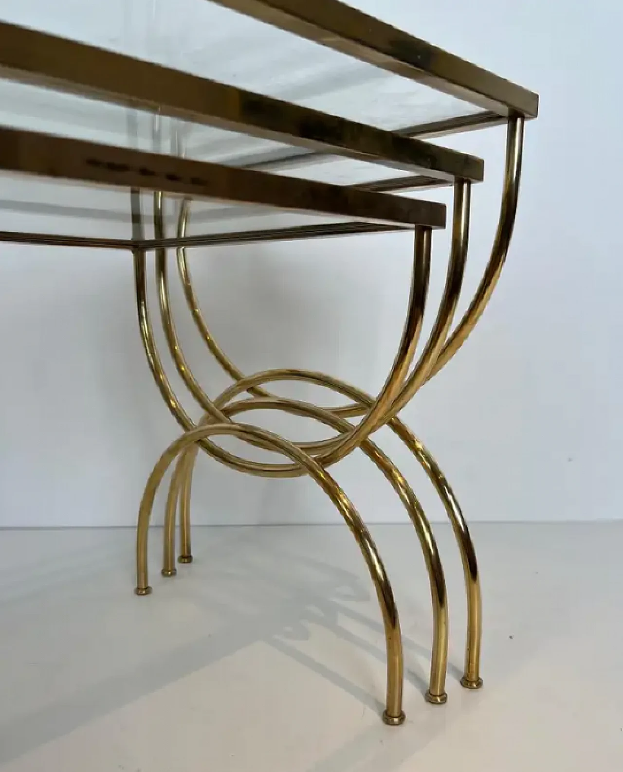 3 Brass nest side tables with arched base, 1940s 8