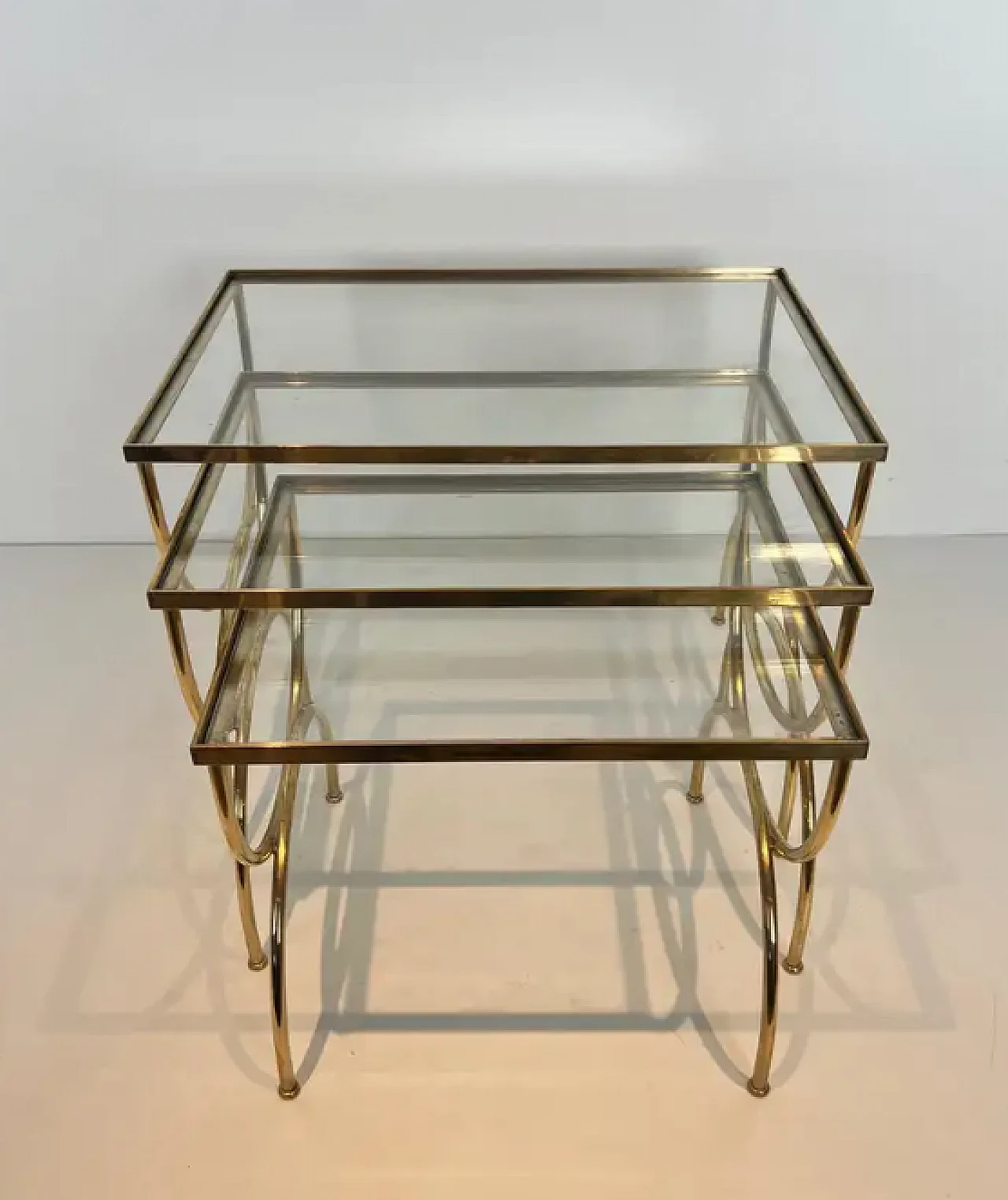 3 Brass nest side tables with arched base, 1940s 13