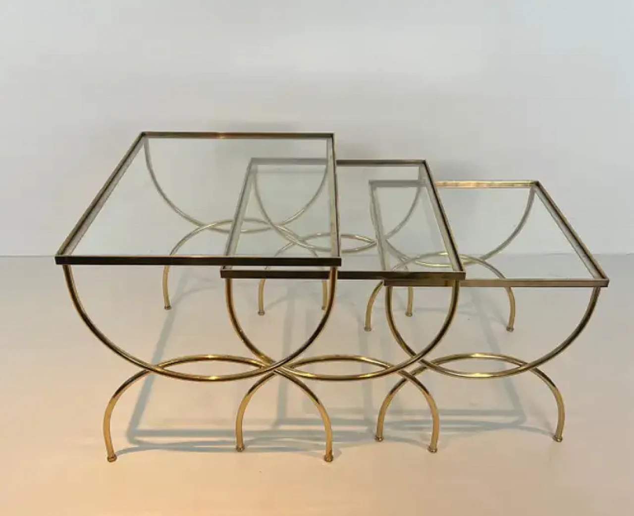 3 Brass nest side tables with arched base, 1940s 14