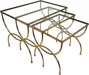 3 Brass nest side tables with arched base, 1940s