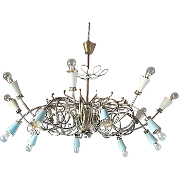 Lampadario in ottone a 16 luci con portalampade colorato, anni '50