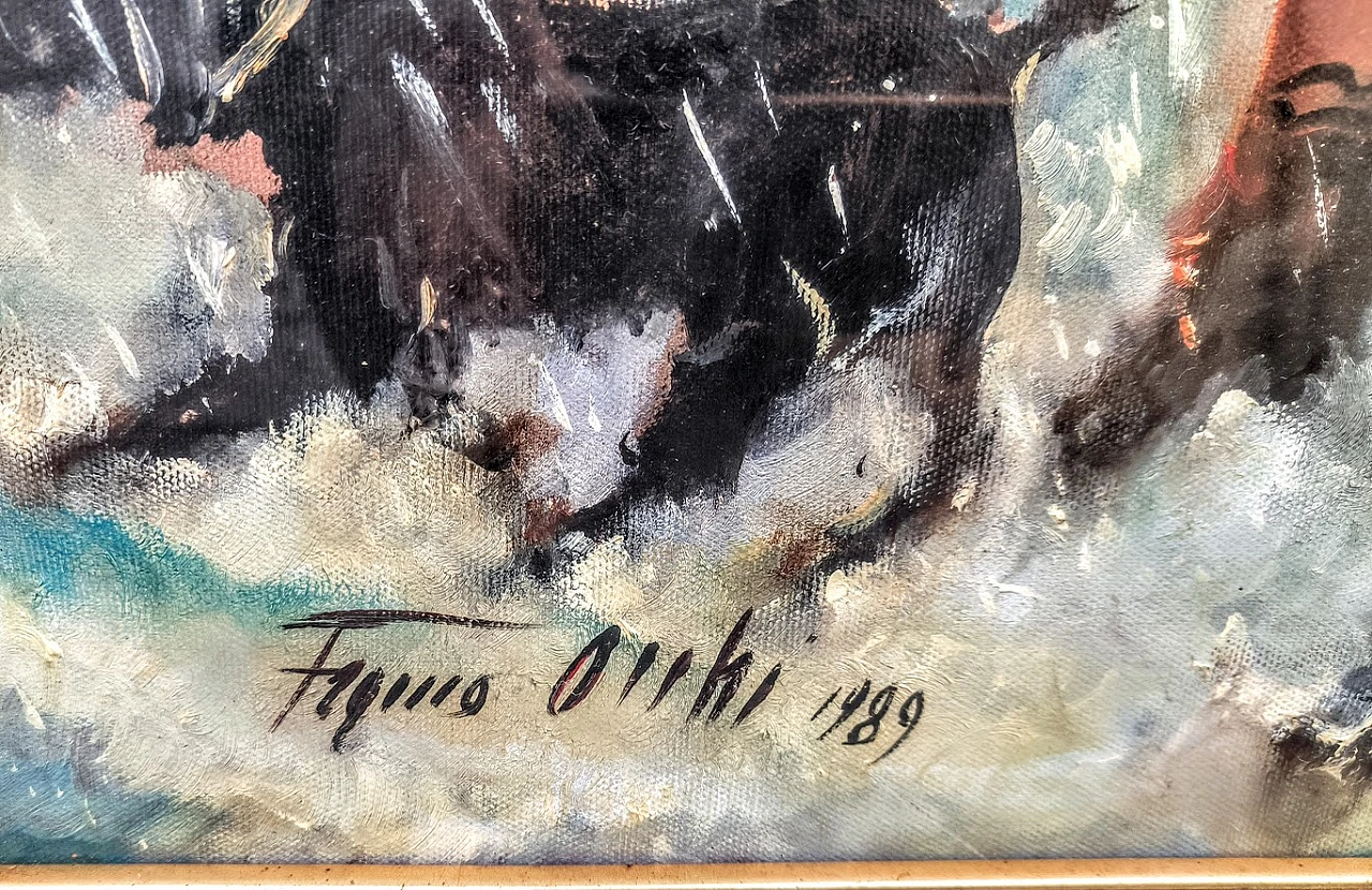 Painting "Under the rain" by Franco Occhi, oil on canvas 1989 1