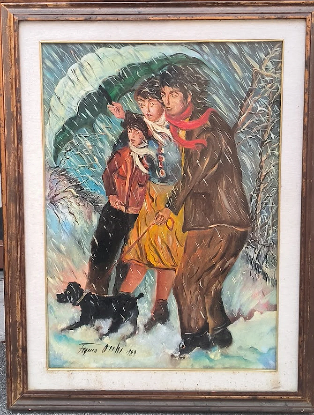 Painting "Under the rain" by Franco Occhi, oil on canvas 1989 10