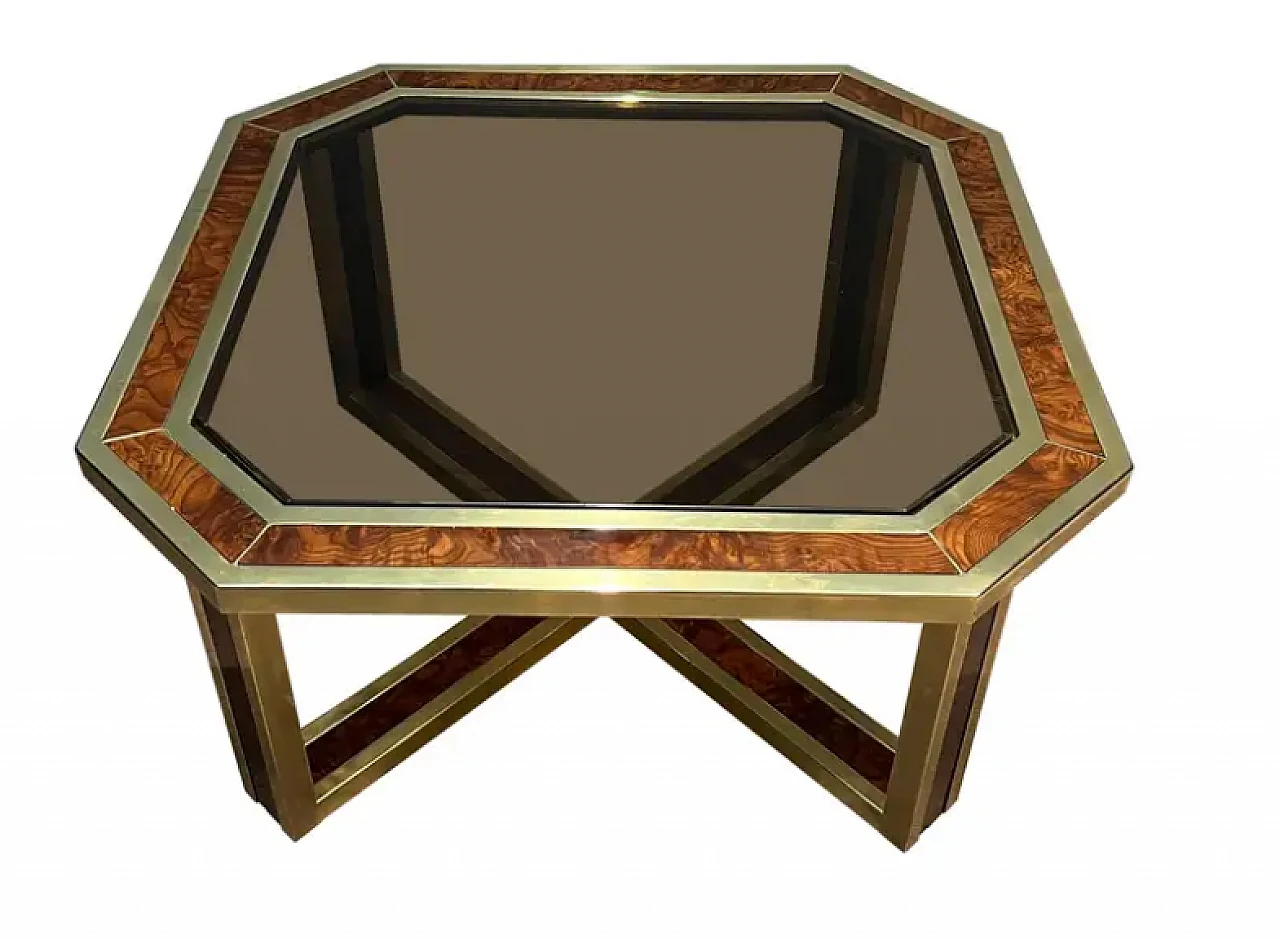 Walnut and brass octagonal coffee table, 1970s 1