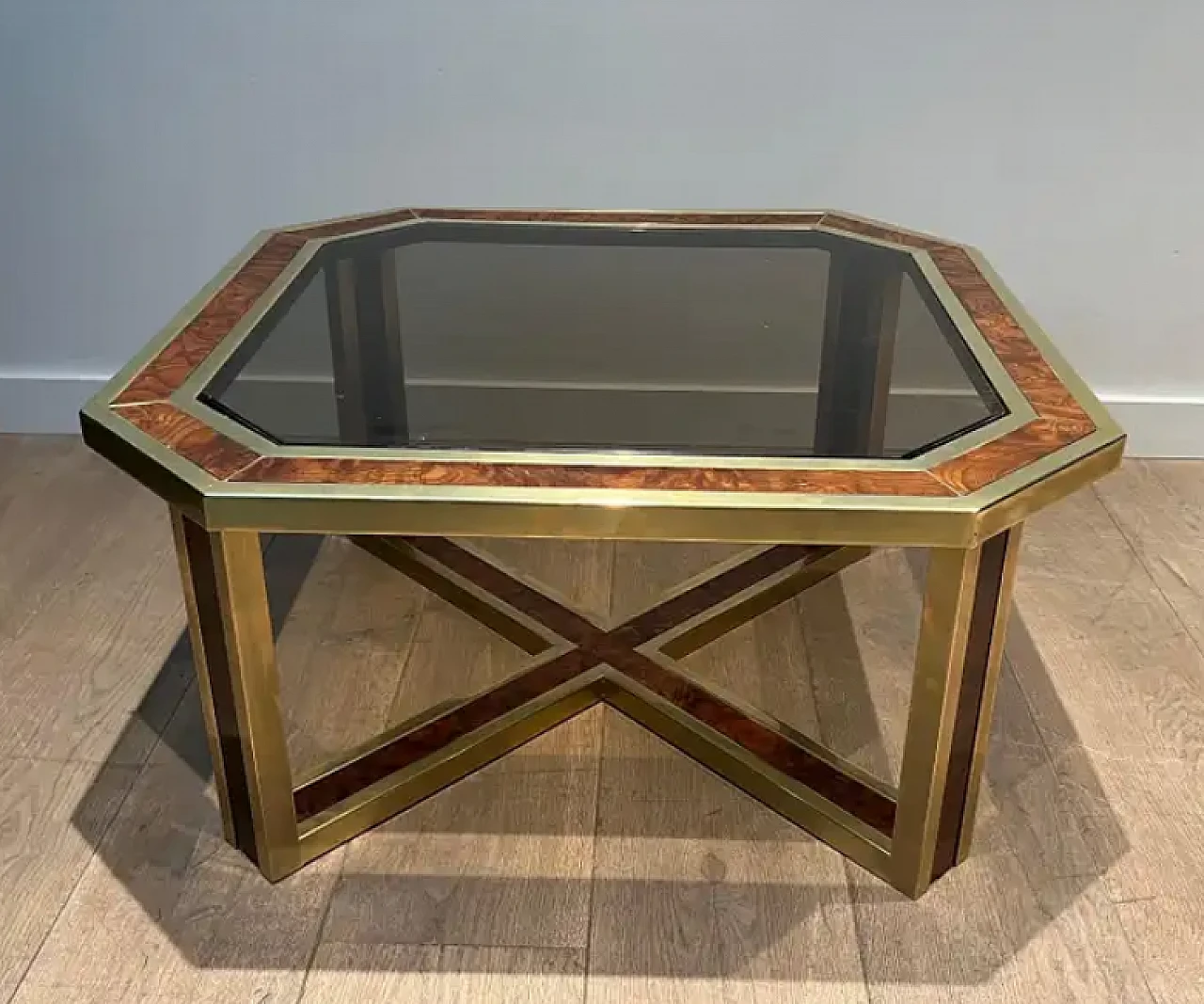 Walnut and brass octagonal coffee table, 1970s 2