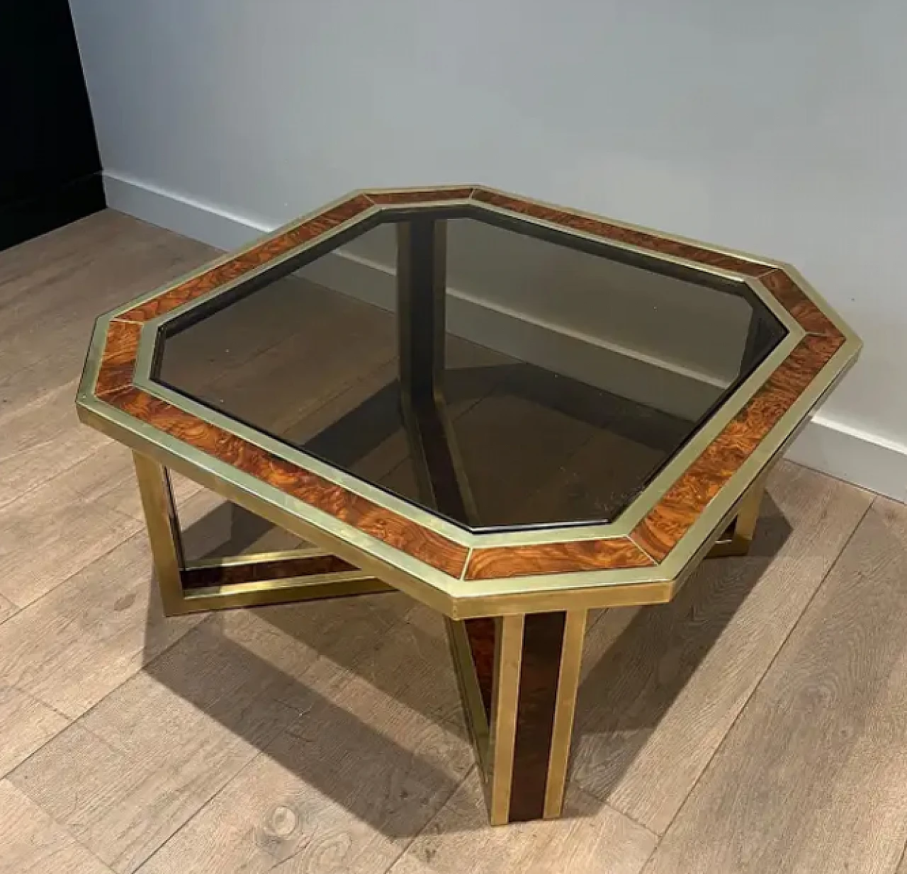 Walnut and brass octagonal coffee table, 1970s 3