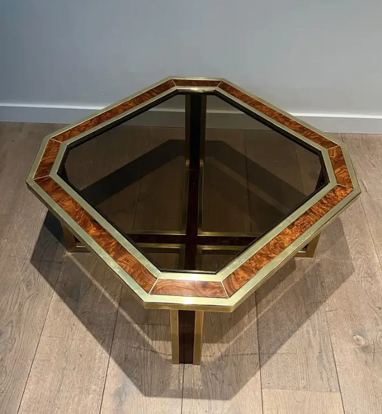 Walnut and brass octagonal coffee table, 1970s 4