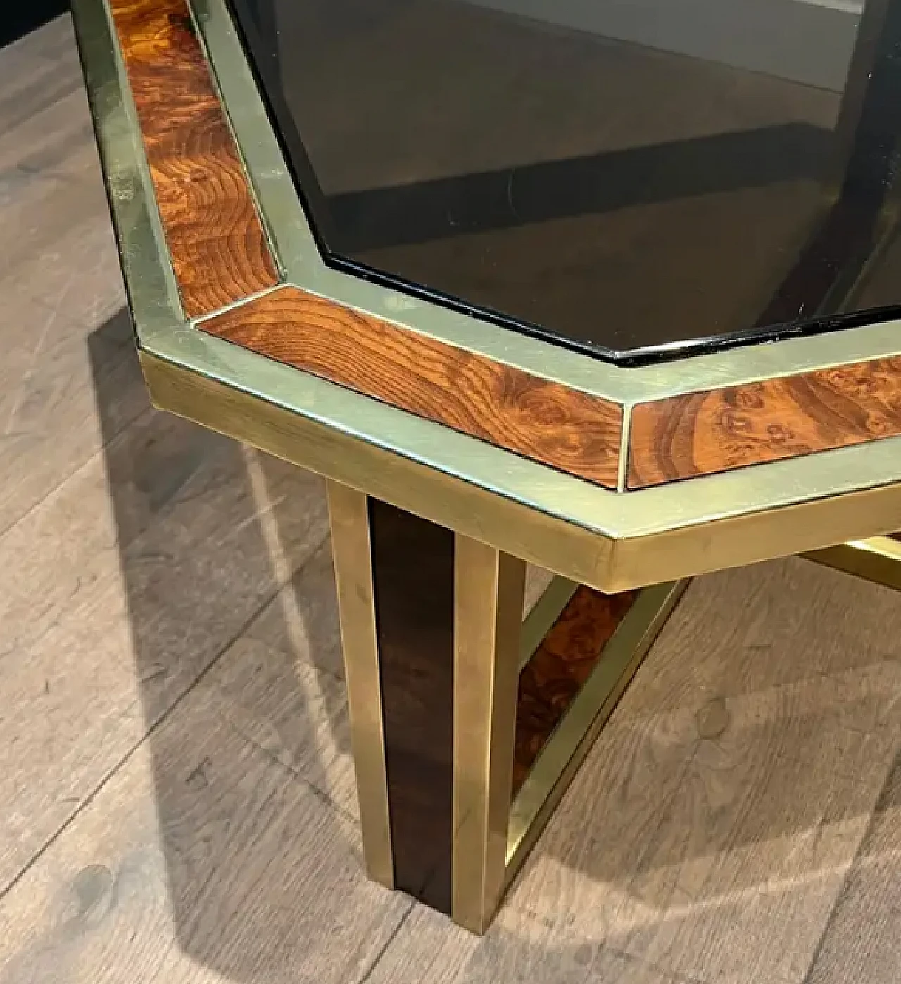 Walnut and brass octagonal coffee table, 1970s 5