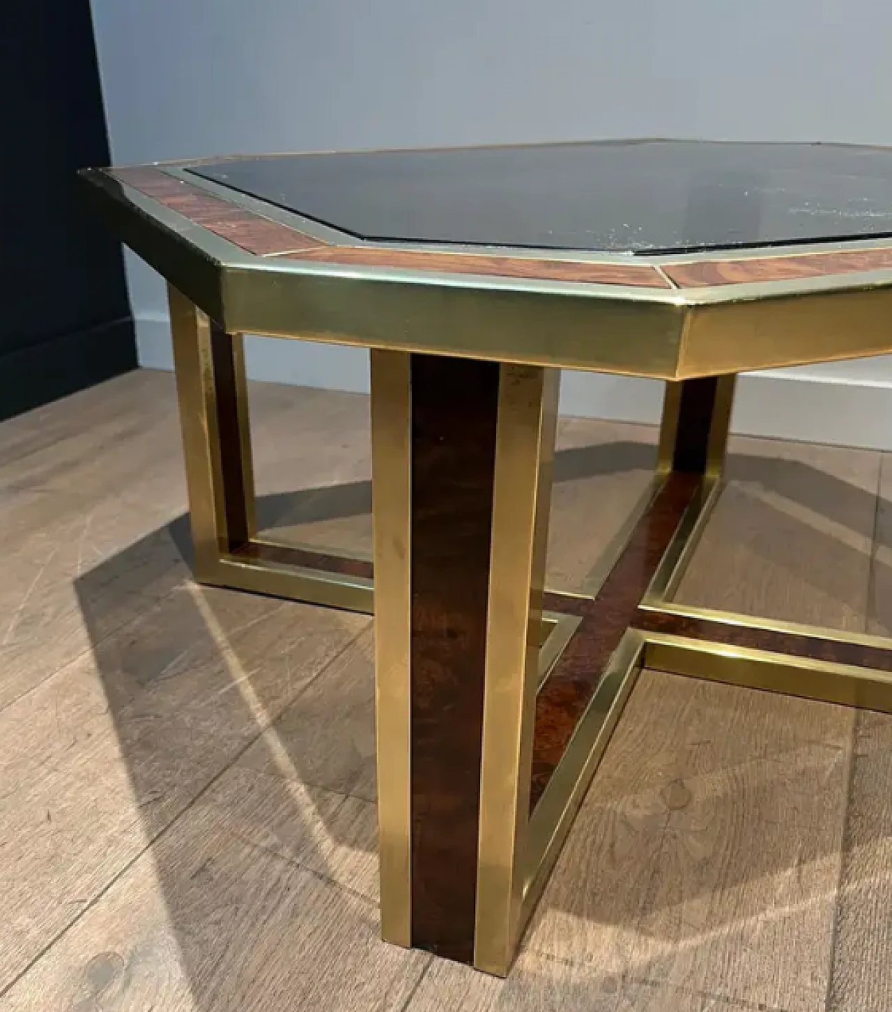 Walnut and brass octagonal coffee table, 1970s 6
