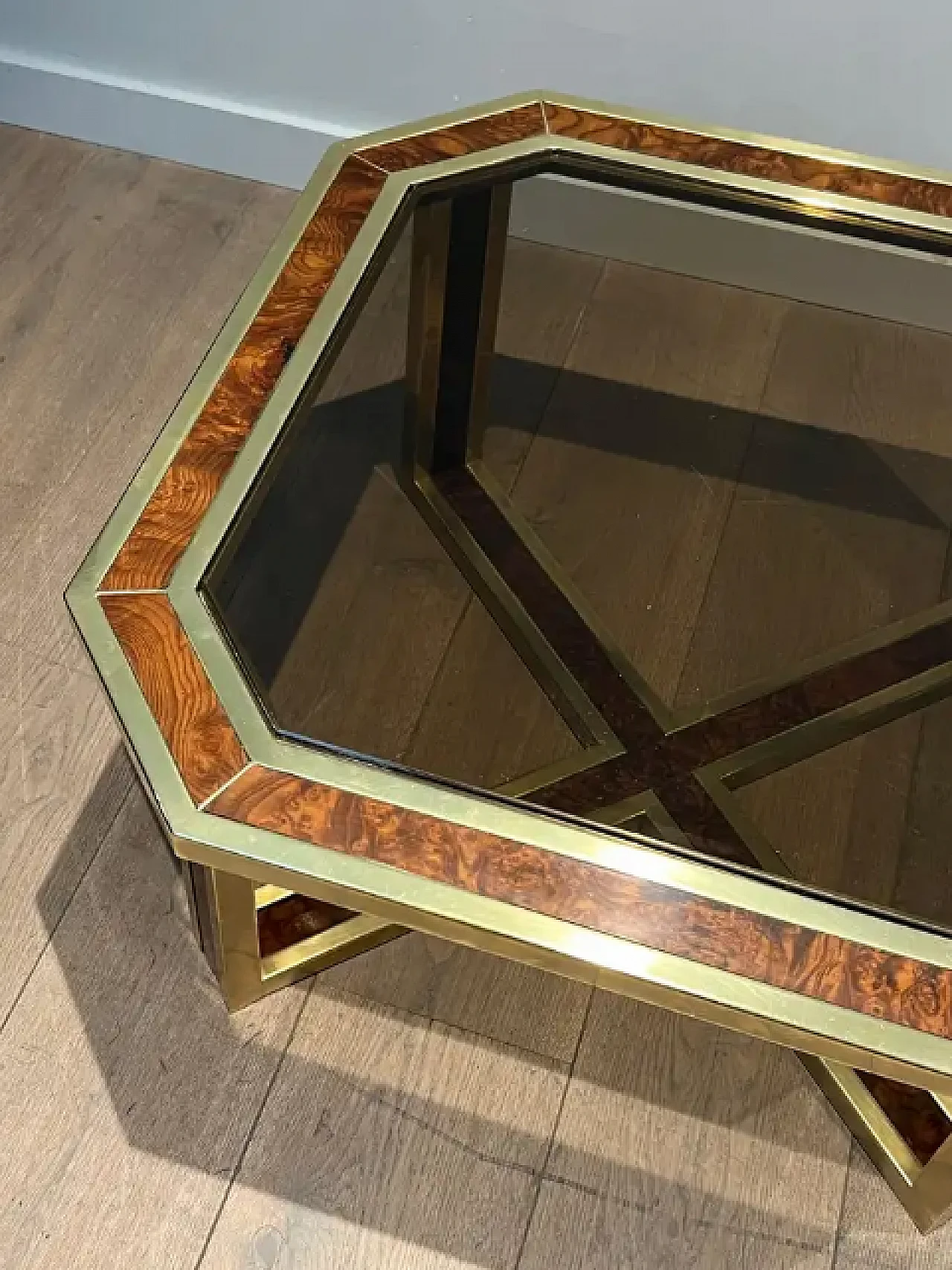 Walnut and brass octagonal coffee table, 1970s 9