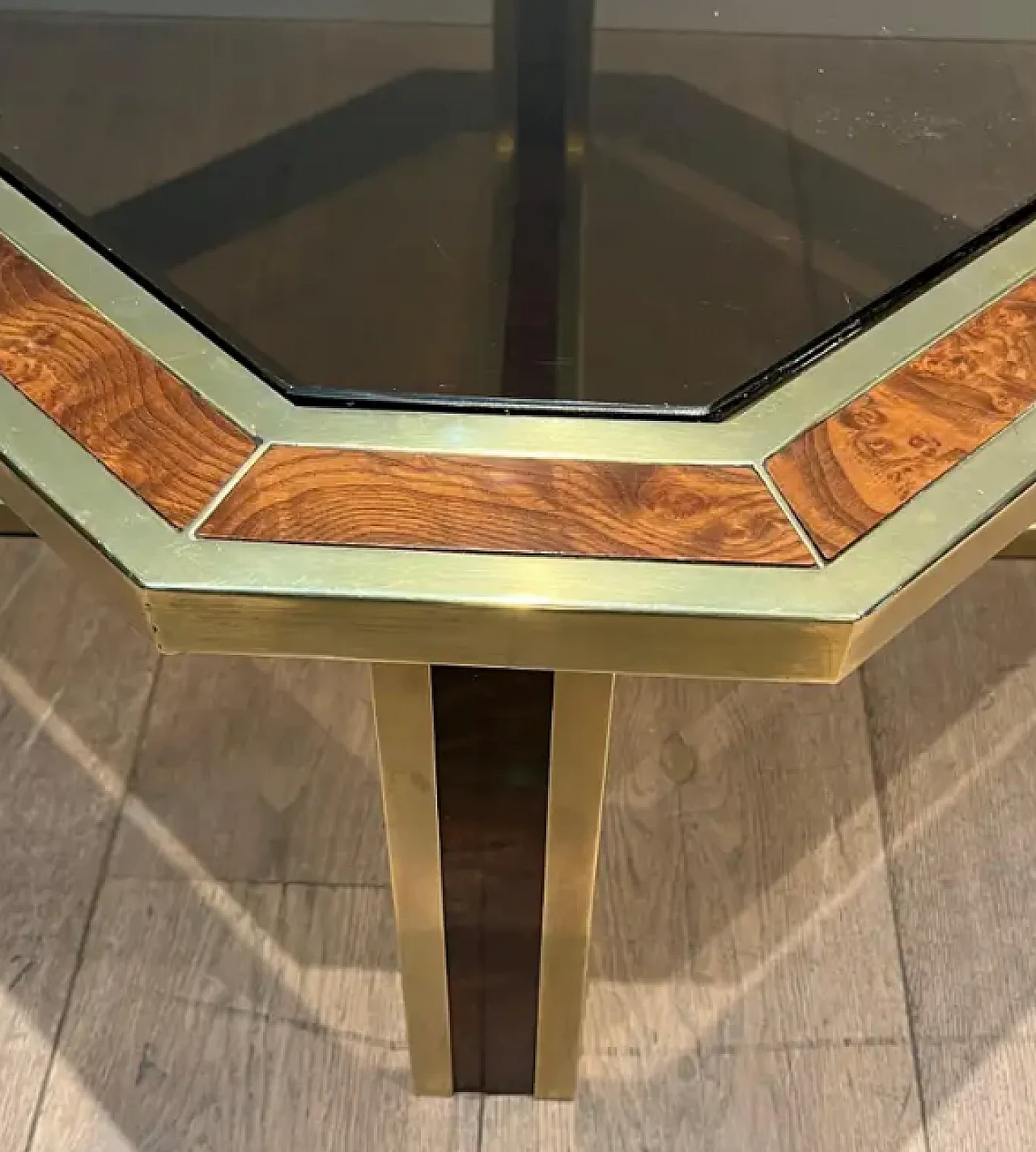 Walnut and brass octagonal coffee table, 1970s 10