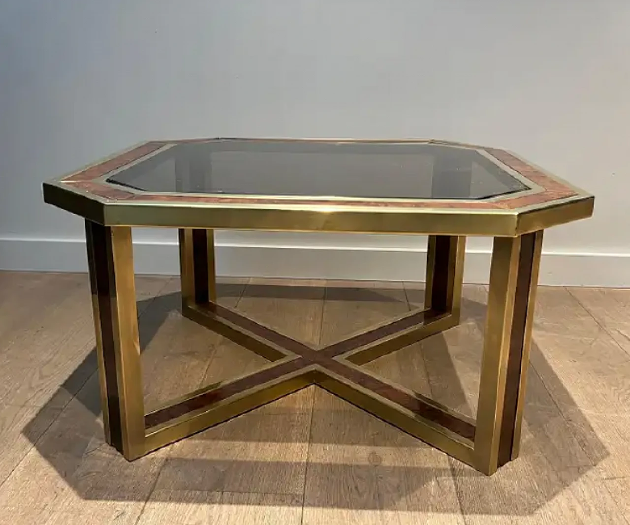 Walnut and brass octagonal coffee table, 1970s 11