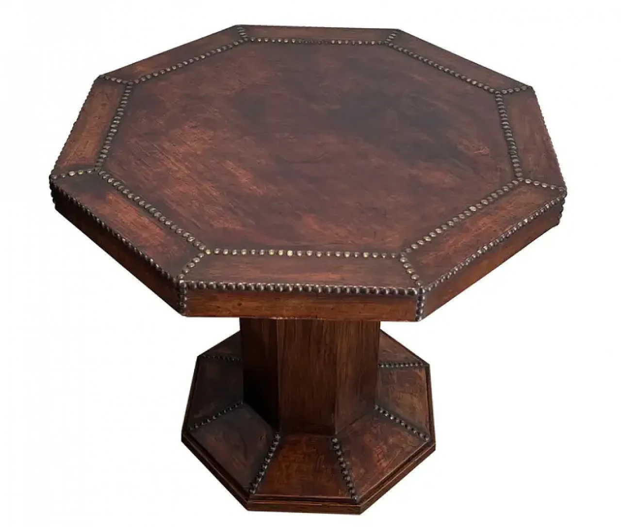 Octagonal gueridon with wooden and leather pedestal, 20th century 1