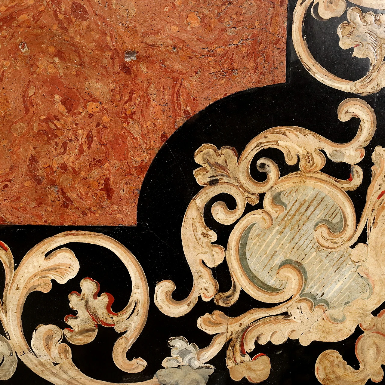 Piano di tavolo in scagliola con decori floreali, inizio '700 5