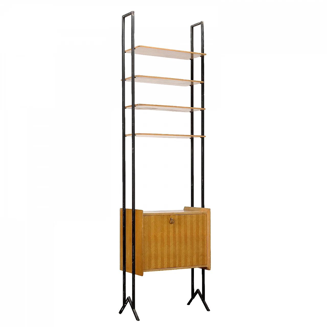Libreria in legno impiallacciato frassino con montanti in metallo, anni '60 1