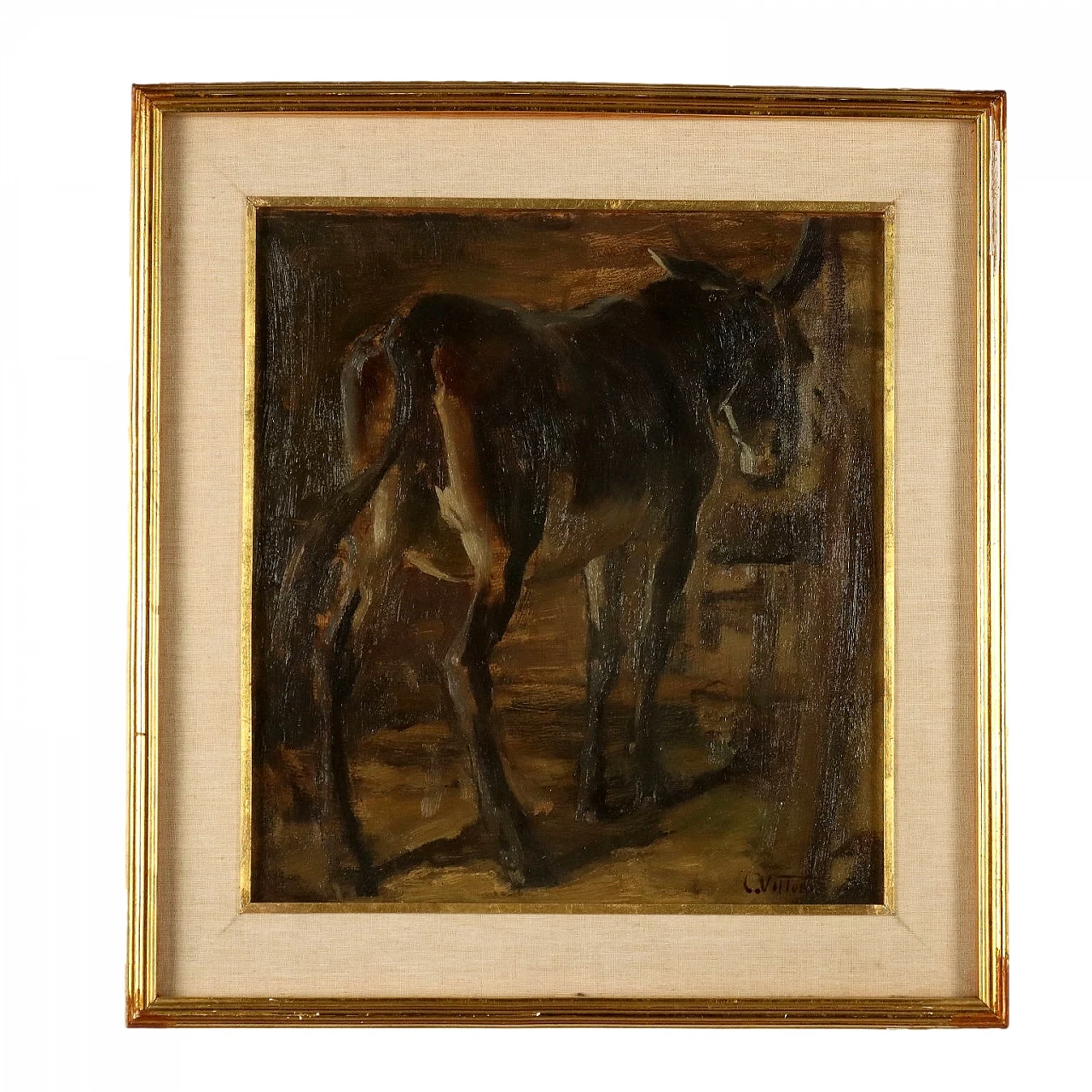 Carlo Vittori, Interior of a stable with donkey, oil on hardboard 1