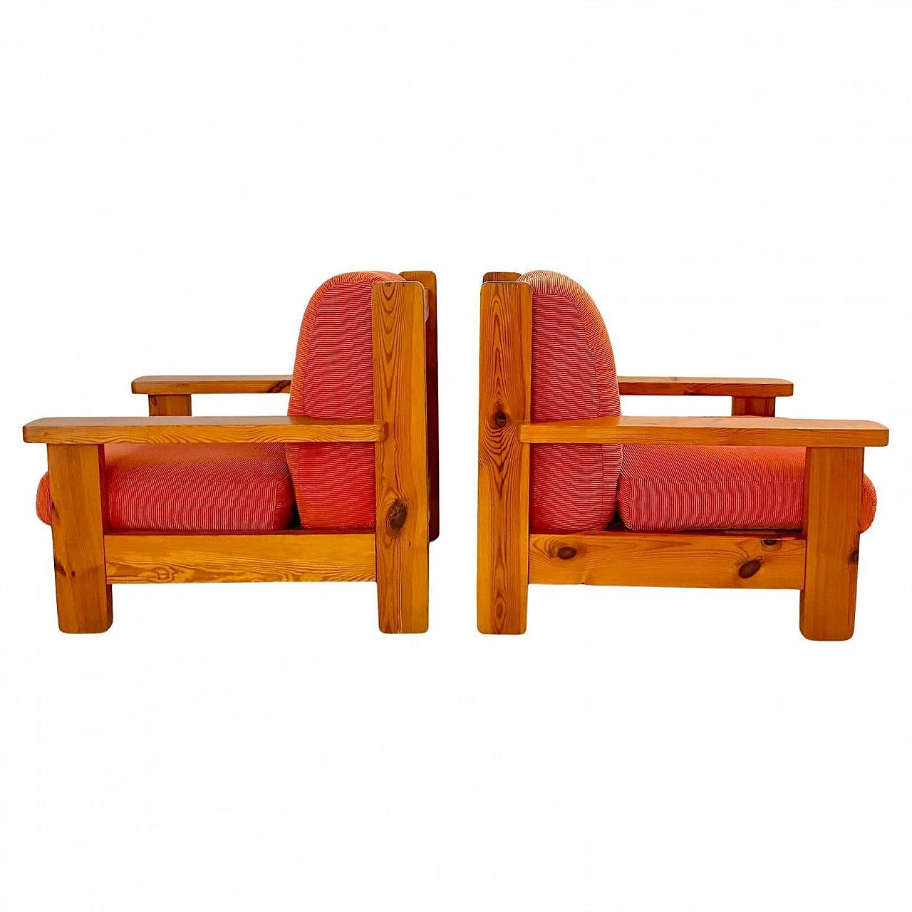 Coppia ci grandi poltrone in legno e velluto rosso, Italia anni 70 1