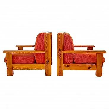 Coppia ci grandi poltrone in legno e velluto rosso, Italia anni 70