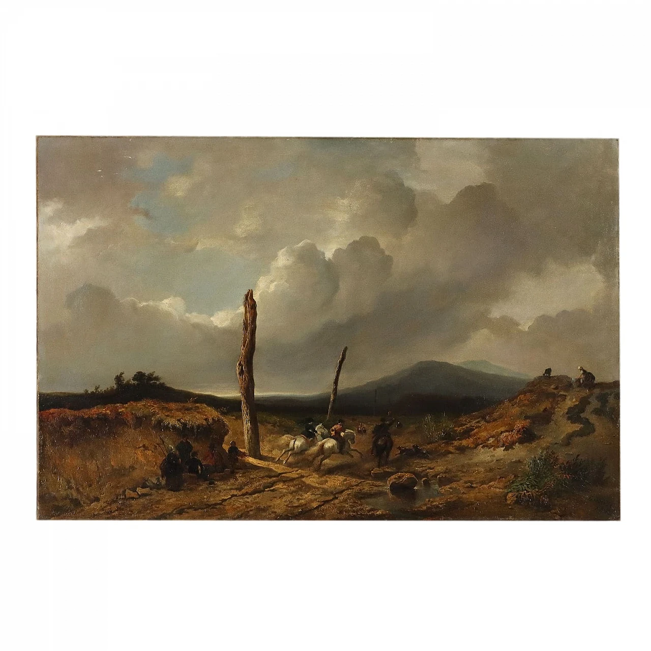 Felix Bovie, Landscape with hunters on horseback, oil on canvas, 1852 1