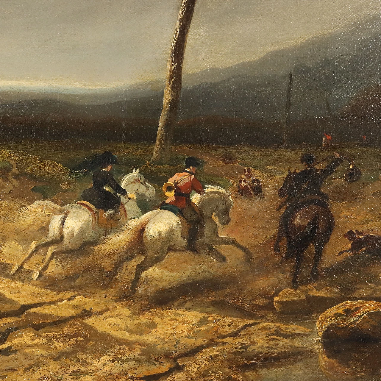Felix Bovie, Landscape with hunters on horseback, oil on canvas, 1852 3