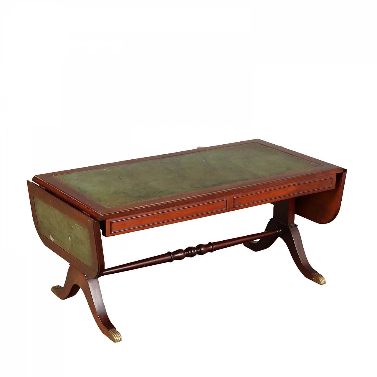 Mahogany and green Morocco leather extendable drop leaf coffee table 1