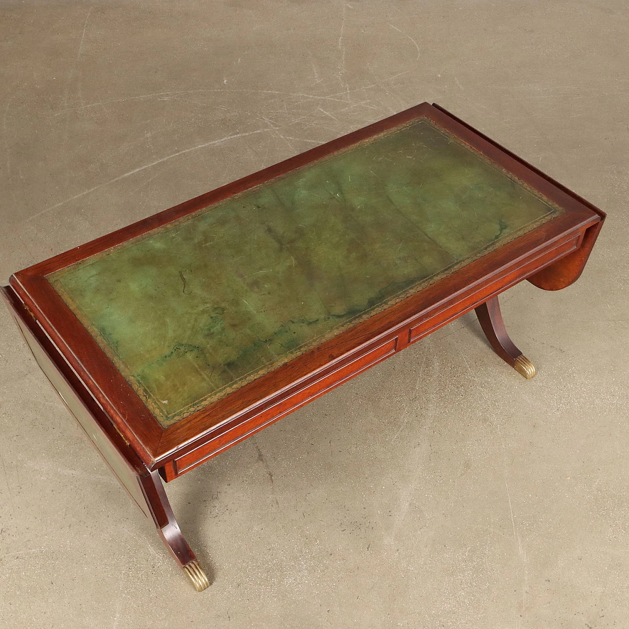 Mahogany and green Morocco leather extendable drop leaf coffee table 3
