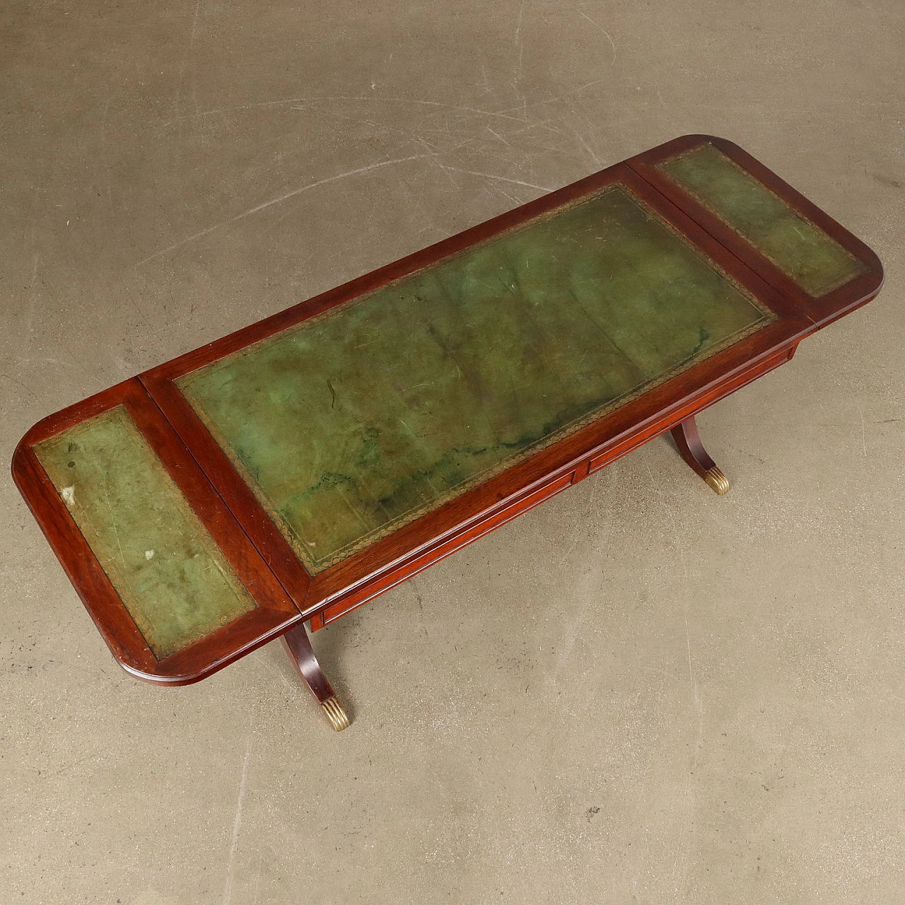 Mahogany and green Morocco leather extendable drop leaf coffee table 4