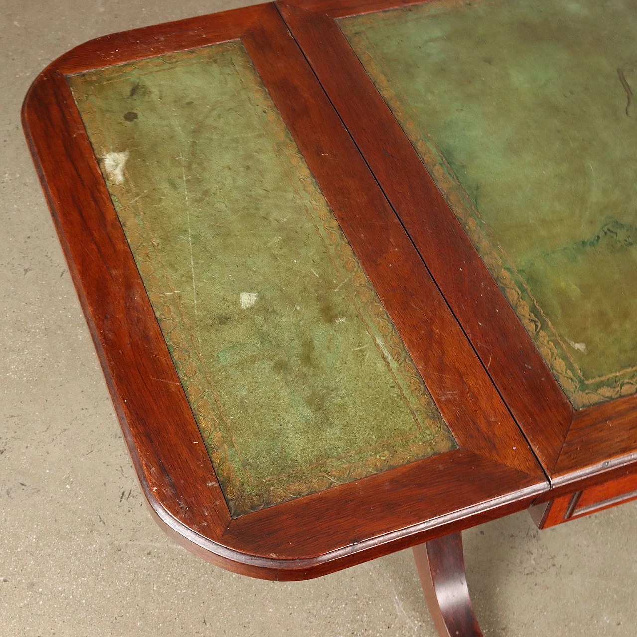 Mahogany and green Morocco leather extendable drop leaf coffee table 5