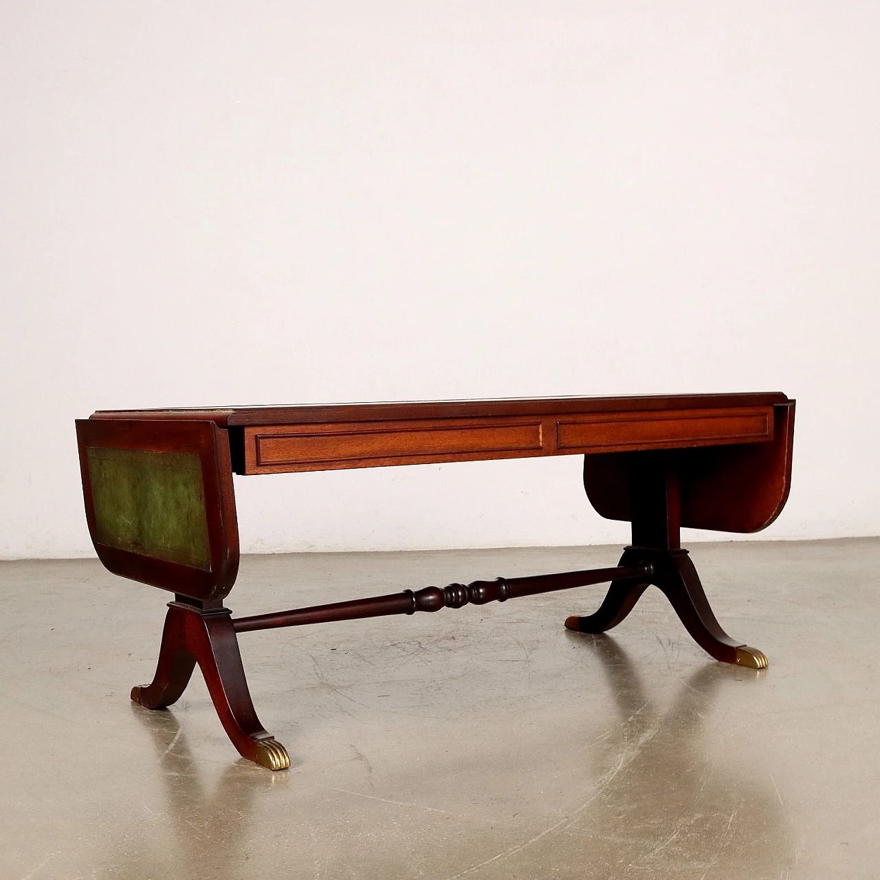 Mahogany and green Morocco leather extendable drop leaf coffee table 7