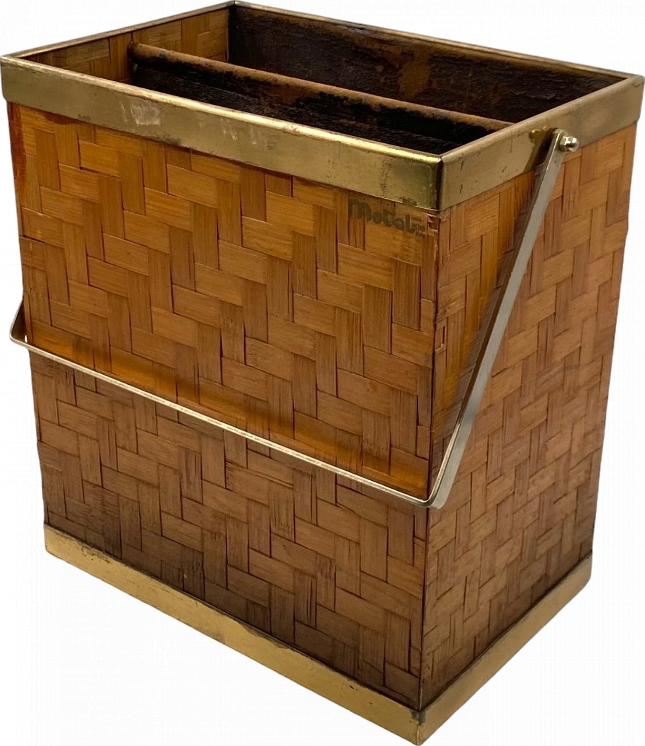 Hollywood regency brass and woven bamboo magazine rack, Metal Linea No 12