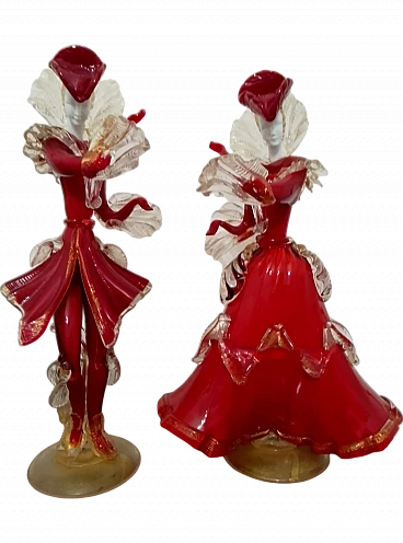 Coppia damine goldoniane in vetro di Murano, '900