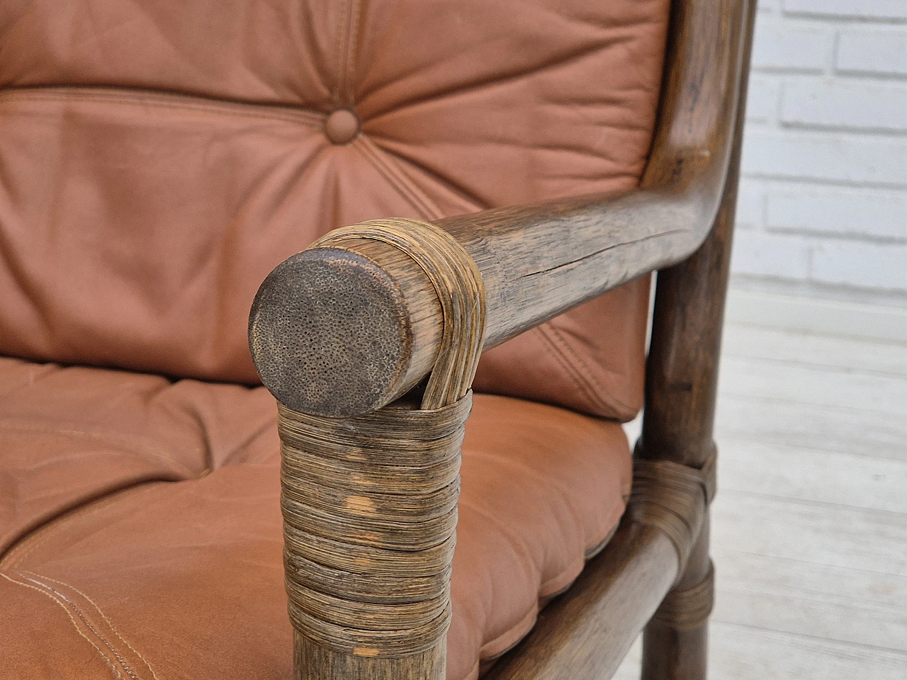 1970s, Scandinavian 2 seater sofa, original condition, bamboo, leather 4