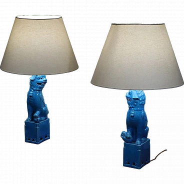 Coppia di lampade a forma di cane Foo in ceramica, anni '90