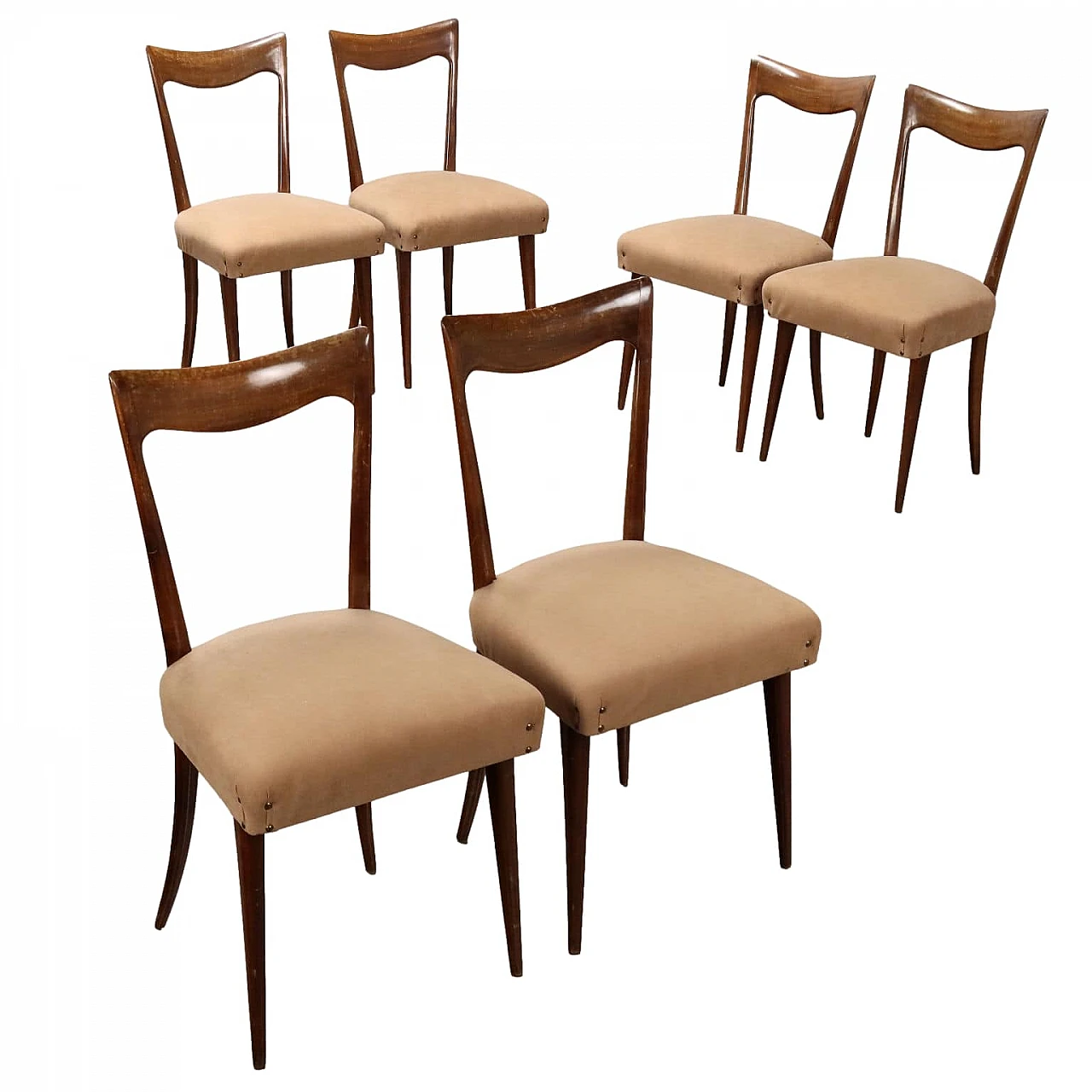 6 Sedie in legno con seduta imbottita e in tessuto beige, anni '50 1