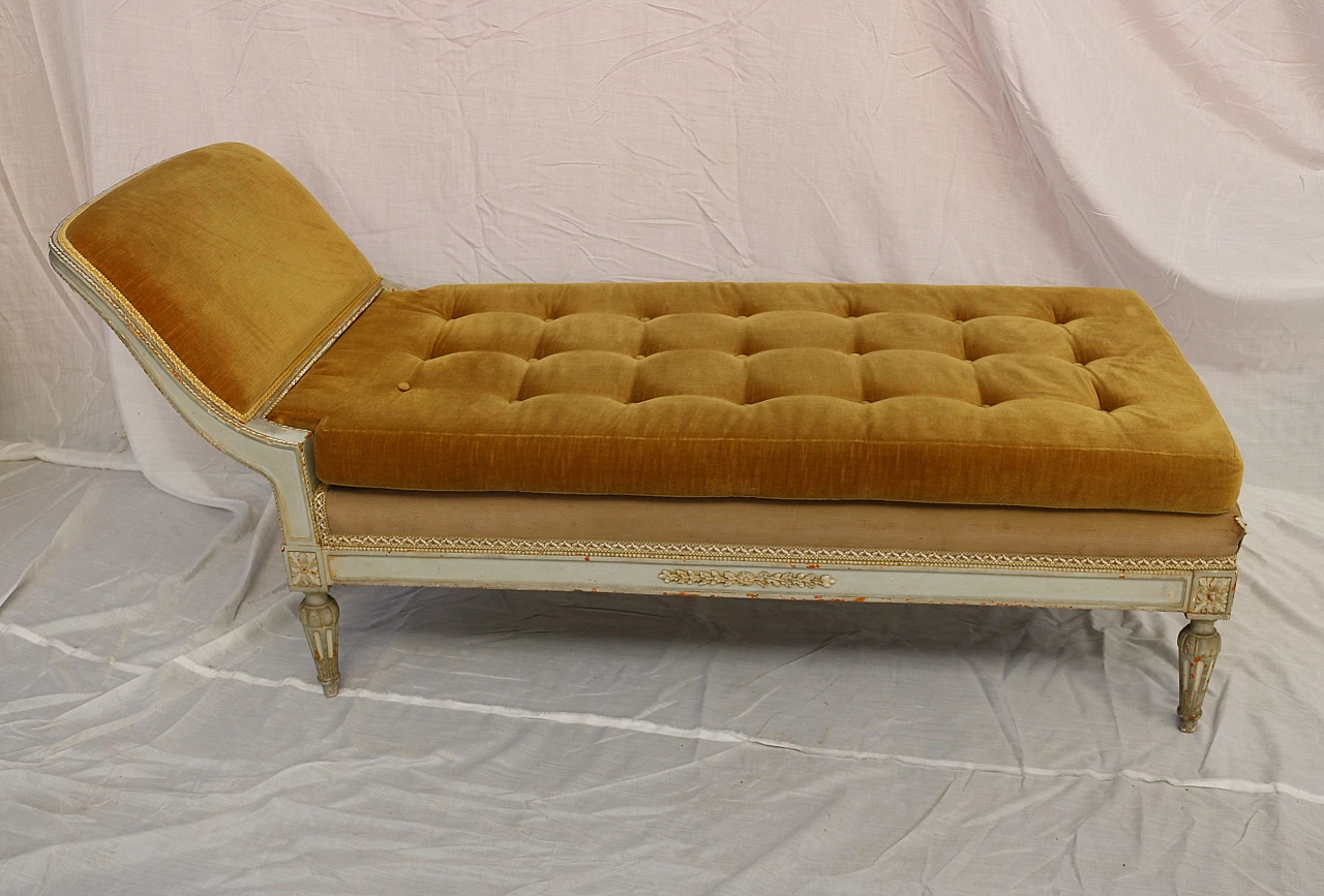 Chaise longue Luigi XVI in tessuto di velluto giallo, fine '800 1