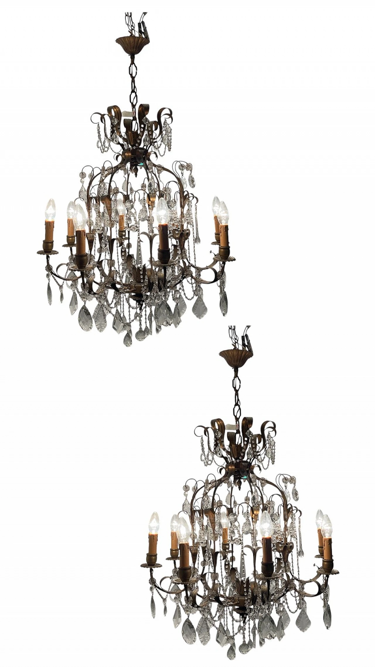 Pair of florentine Macaroni Murano glass tole chandeliers, 1960s 1