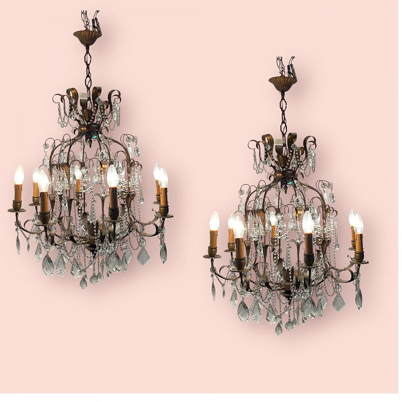 Pair of florentine Macaroni Murano glass tole chandeliers, 1960s 2