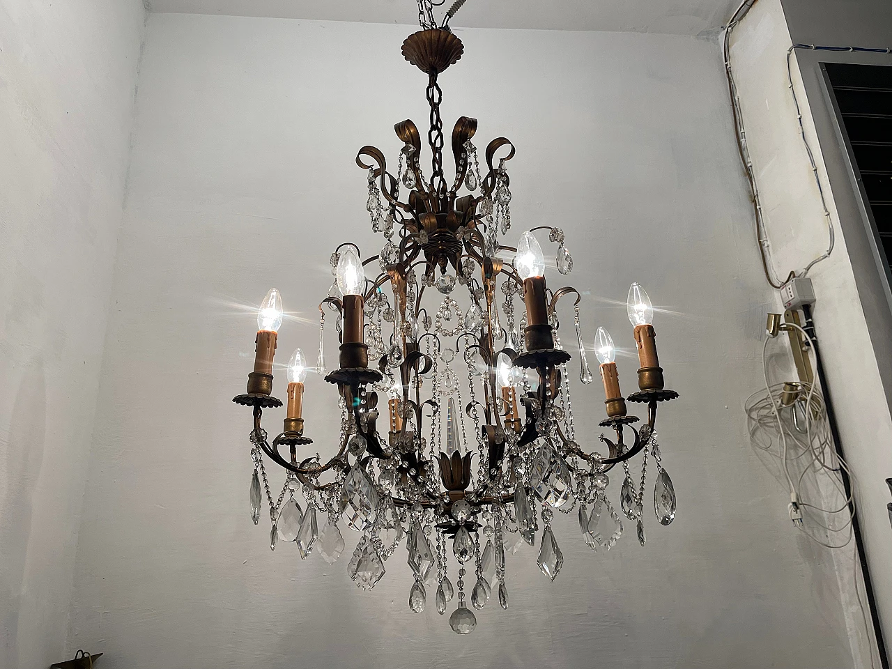 Pair of florentine Macaroni Murano glass tole chandeliers, 1960s 5