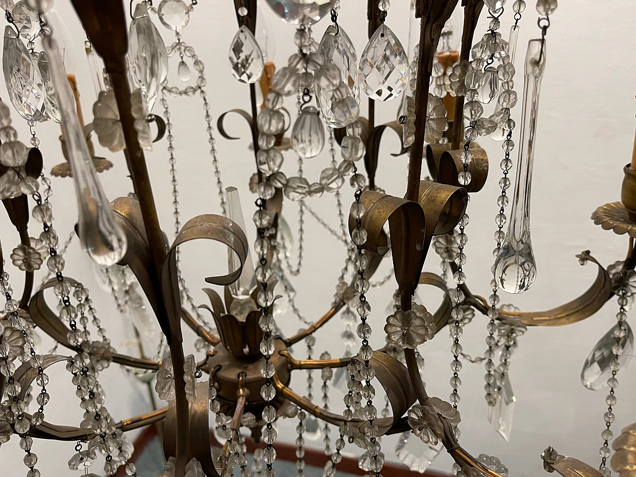 Pair of florentine Macaroni Murano glass tole chandeliers, 1960s 6