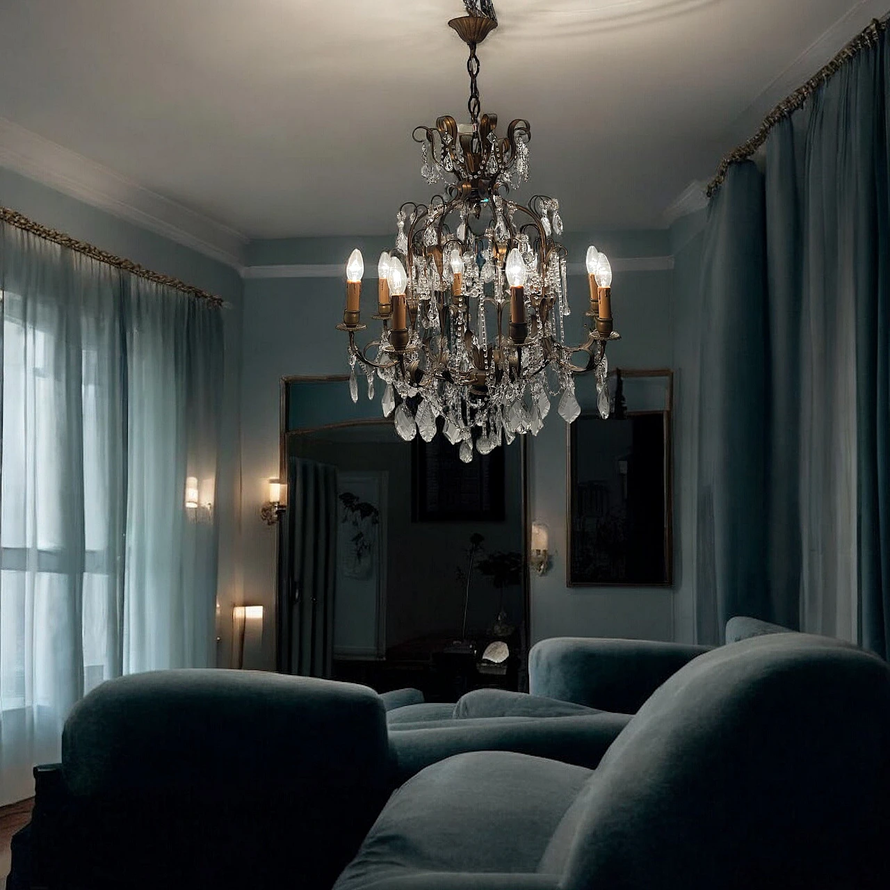 Pair of florentine Macaroni Murano glass tole chandeliers, 1960s 8