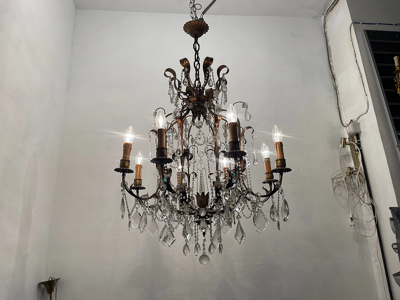 Pair of florentine Macaroni Murano glass tole chandeliers, 1960s 11