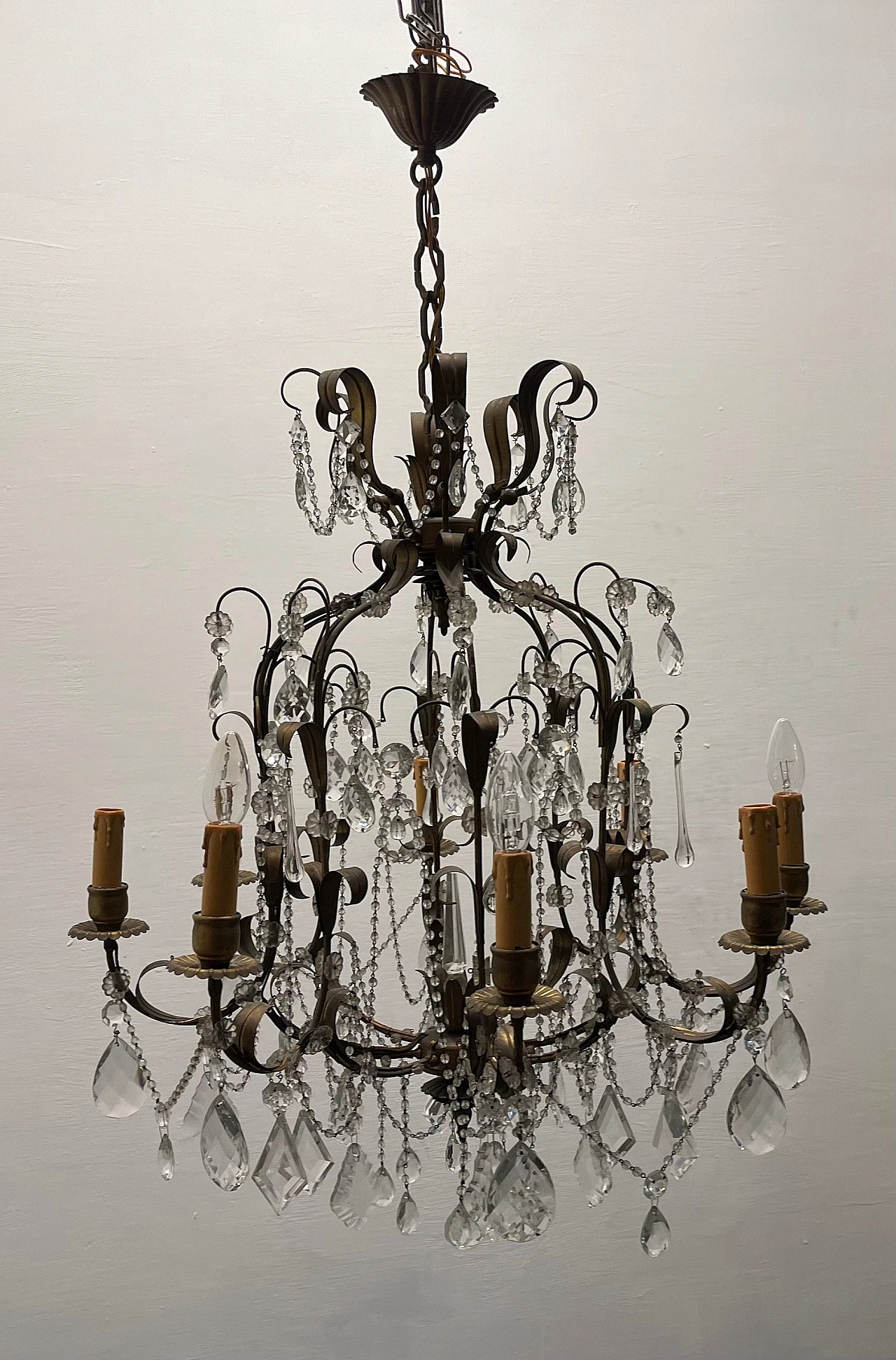 Pair of florentine Macaroni Murano glass tole chandeliers, 1960s 13