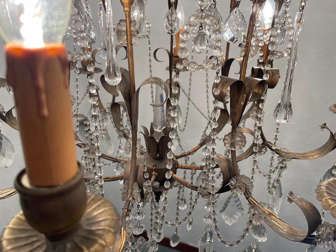 Pair of florentine Macaroni Murano glass tole chandeliers, 1960s 15