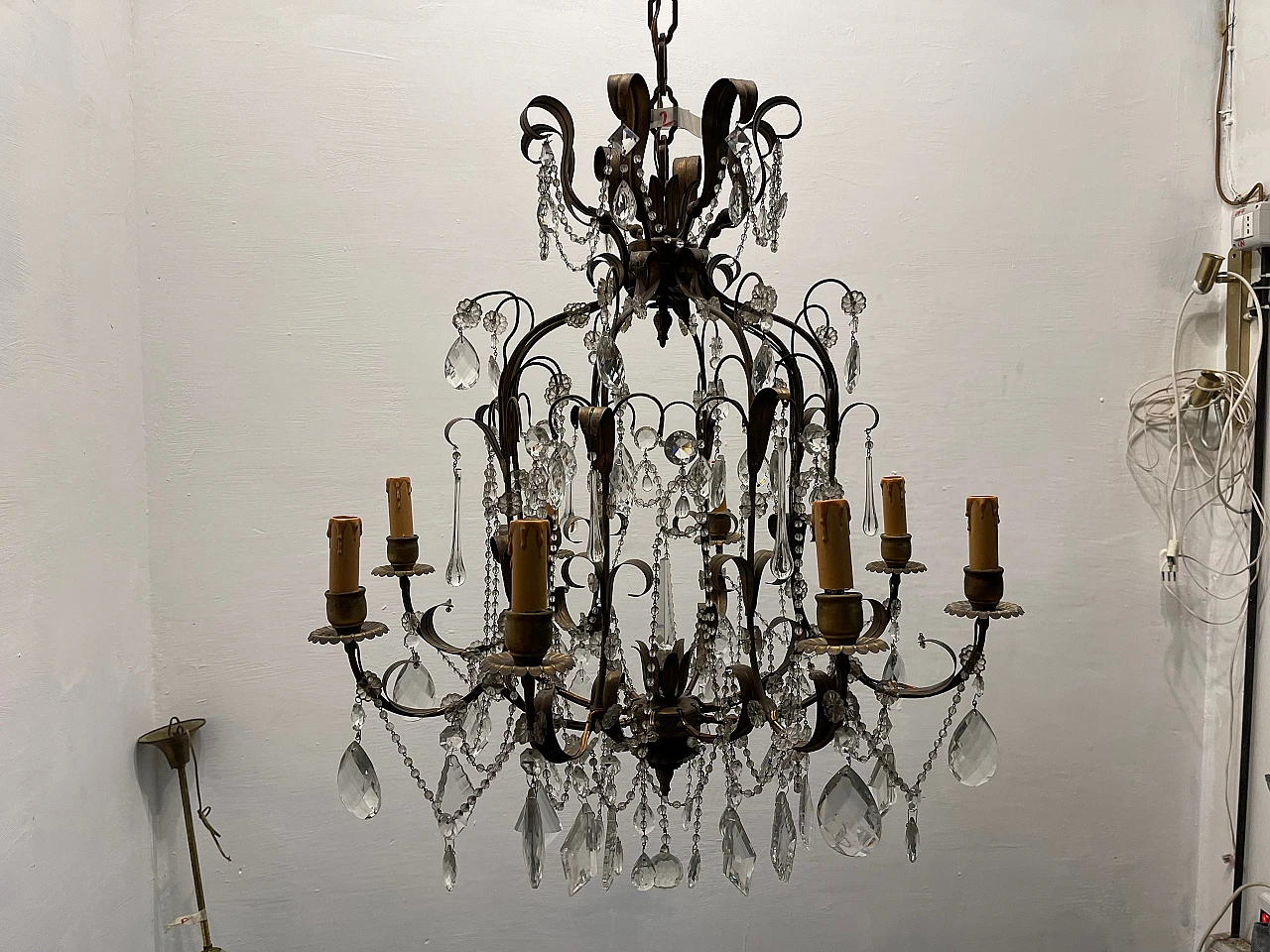 Pair of florentine Macaroni Murano glass tole chandeliers, 1960s 16