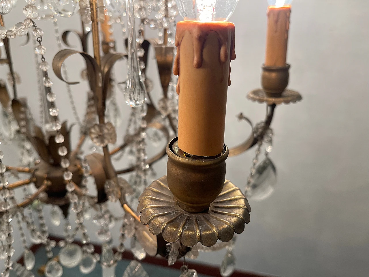 Pair of florentine Macaroni Murano glass tole chandeliers, 1960s 17