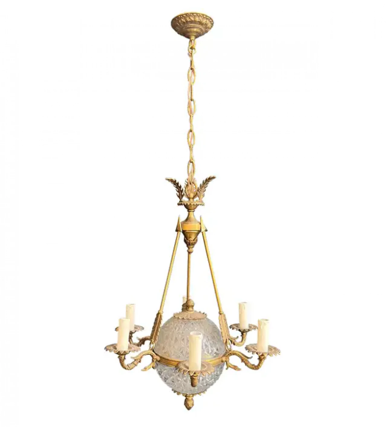 Lampadario a mongolfiera stile Impero in bronzo e cristallo, anni '40 1