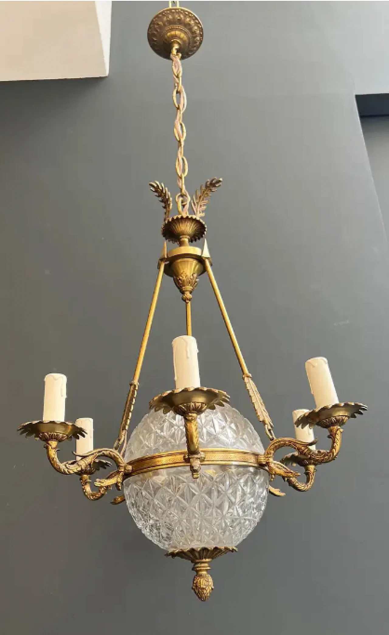 Lampadario a mongolfiera stile Impero in bronzo e cristallo, anni '40 3