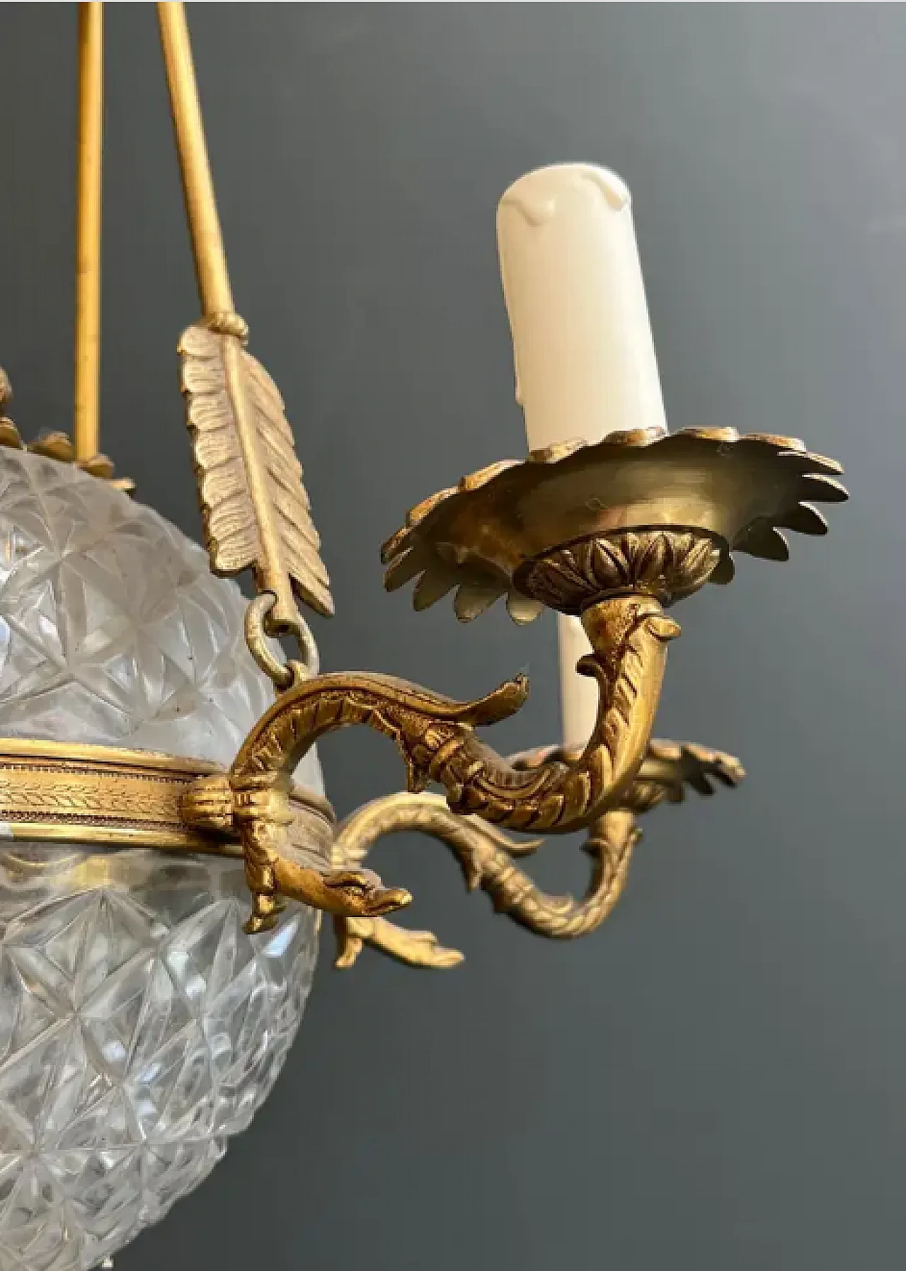 Lampadario a mongolfiera stile Impero in bronzo e cristallo, anni '40 9