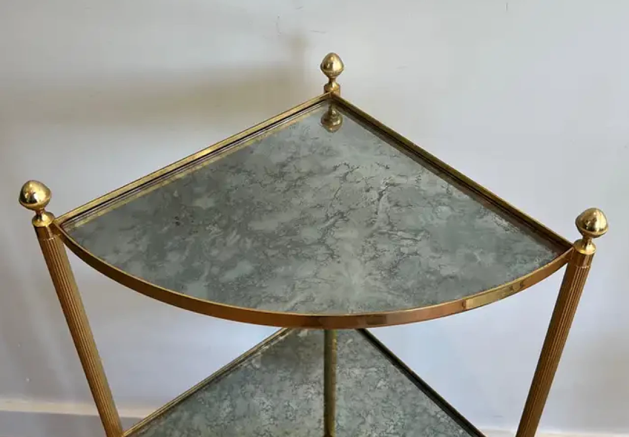 Coppia di tavolini angolari in metallo e ripiani a specchio, anni '40 7