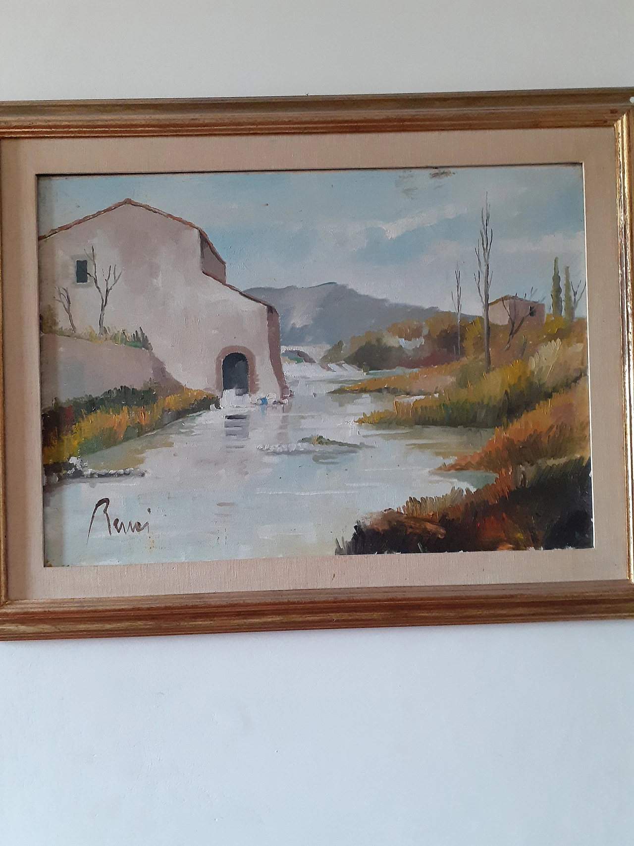 Dipinto di paesaggio di Renai olio du tela, anni '70 1
